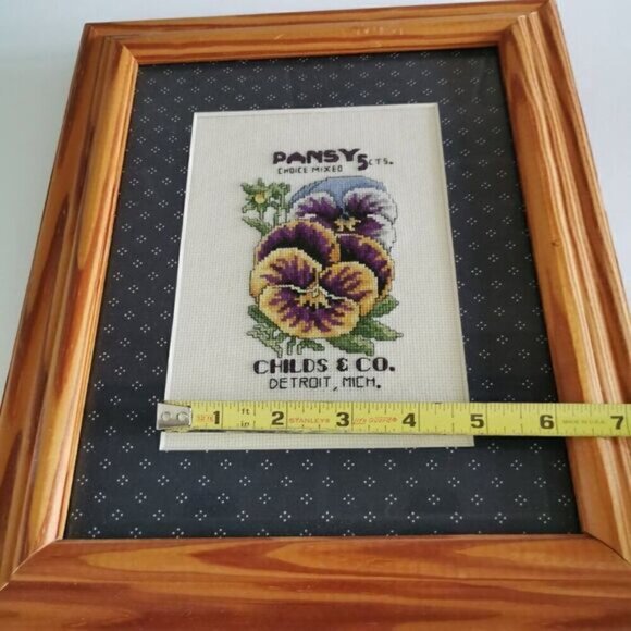 Vintage Framed Pansy Seeds Cross Stitch Art, Flowers Floral Matted Gardener Art - Picture 10 of 10